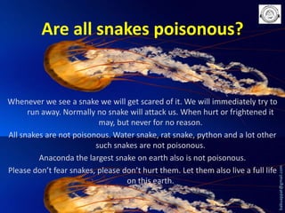 Whenever we see a snake we will get scared of it. We will immediately try to
run away. Normally no snake will attack us. When hurt or frightened it
may, but never for no reason.
All snakes are not poisonous. Water snake, rat snake, python and a lot other
such snakes are not poisonous.
Anaconda the largest snake on earth also is not poisonous.
Please don’t fear snakes, please don’t hurt them. Let them also live a full life
on this earth.

babuappat@gmail.com

Are all snakes poisonous?

 