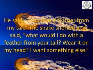 He said; “I can give a feather from
my tail.” The snake snorted and
said, “what would I do with a
feather from your tail? Wear it on
my head? I want something else.”
babuappat@gmail.com

 