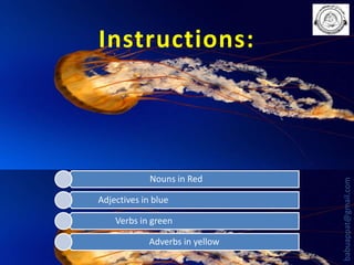 Nouns in Red
Adjectives in blue
Verbs in green
Adverbs in yellow

babuappat@gmail.com

Instructions:

 