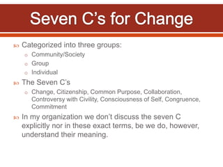    Categorized into three groups:
    o Community/Society
    o Group
    o Individual
   The Seven C’s
    o Change, Citizenship, Common Purpose, Collaboration,
       Controversy with Civility, Consciousness of Self, Congruence,
       Commitment
   In my organization we don’t discuss the seven C
    explicitly nor in these exact terms, be we do, however,
    understand their meaning.
 
