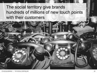 The Social Continuum<br />24<br />The social territory give brandshundreds of millions of new touch points<br />with their...