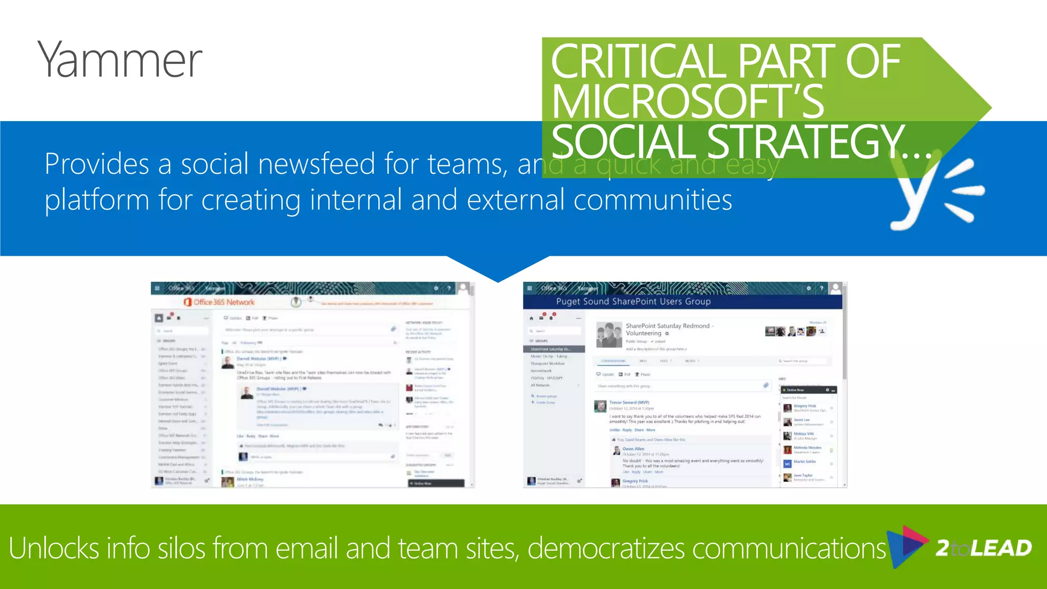 Provides a social newsfeed for teams, and a quick and easy
platform for creating internal and external communities
Unlocks info silos from email and team sites, democratizes communications
CRITICAL PART OF
MICROSOFT’S
SOCIAL STRATEGY…
 