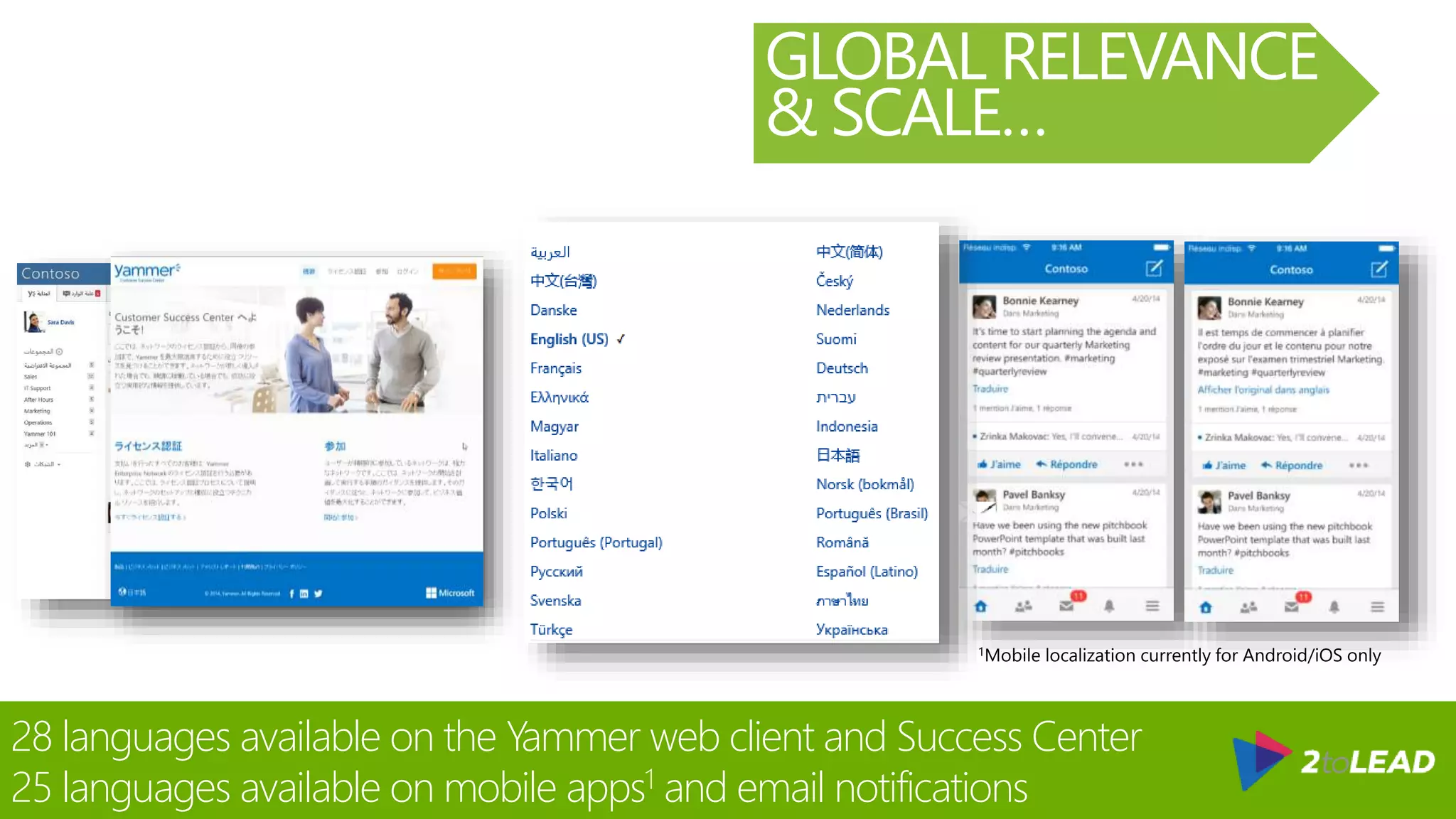 28 languages available on the Yammer web client and Success Center
25 languages available on mobile apps1 and email notifications
GLOBAL RELEVANCE
& SCALE…
 