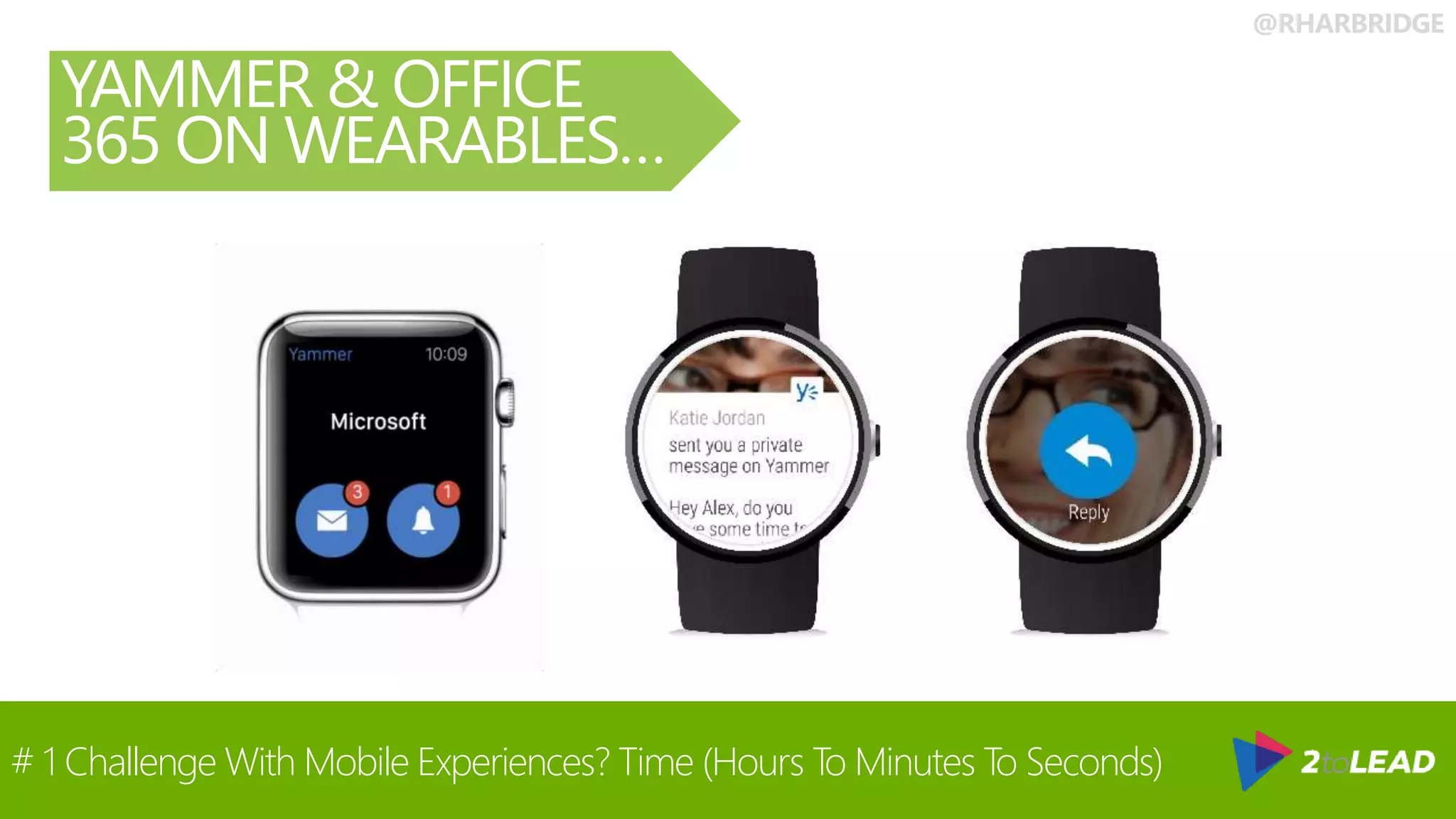 @RHARBRIDGE
YAMMER & OFFICE
365 ON WEARABLES…
# 1 Challenge With Mobile Experiences? Time (Hours To Minutes To Seconds)
 