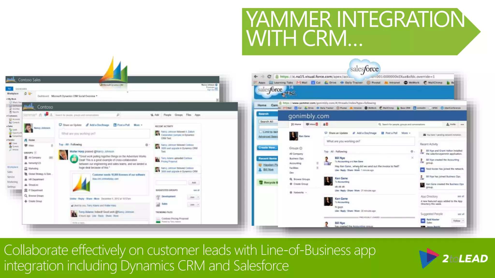 Collaborate effectively on customer leads with Line-of-Business app
integration including Dynamics CRM and Salesforce
YAMMER INTEGRATION
WITH CRM…
 