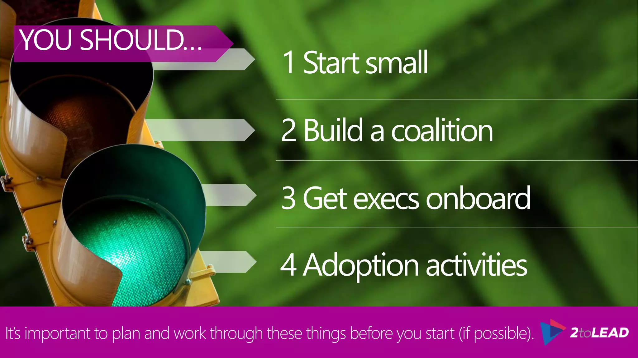 1Startsmall
2Buildacoalition
3Getexecsonboard
4Adoptionactivities
YOU SHOULD…
It’s important to plan and work through these things before you start (if possible).
 
