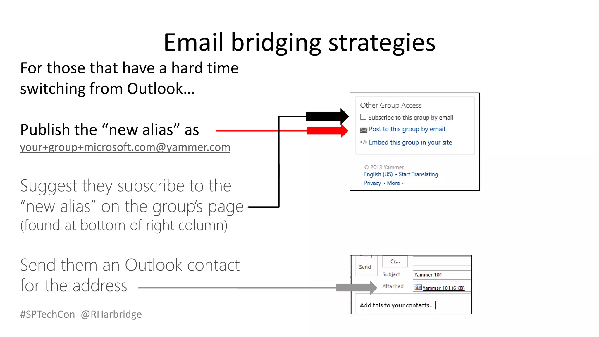 #SPTechCon @RHarbridge
Email bridging strategies
For those that have a hard time
switching from Outlook…
Publish the “new alias” as
your+group+microsoft.com@yammer.com
Suggest they subscribe to the
“new alias” on the group’s page
(found at bottom of right column)
Send them an Outlook contact
for the address
 
