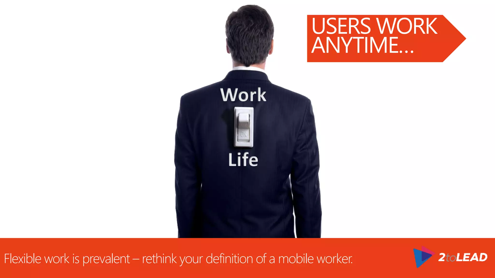 Flexible work is prevalent – rethink your definition of a mobile worker.
USERS WORK
ANYTIME…
 