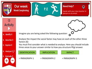 (01/06/2020)
(15/06/2020)
Mrs Shaw’s email
debbie.shaw@eastayrshire.org.uk
Speak with your class teacher in
person or via email.
Imagine you are being asked the following question:
Analyse the impact the social factor may have on each of the other three
factors (6)
You must first consider what is needed to analyse. Here you should include
three areas to your answer similar to how you structure PEgI answer.
= PARAGRAPH 1 = PARAGRAPH 2 = PARAGRAPH 3
IDENTIFICATION IMPLICATION IMPACT
 