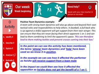 (01/06/2020)
(15/06/2020)
Mrs Shaw’s email
debbie.shaw@eastayrshire.org.uk
Speak with your class teacher in
person or via email.
Positive Team Dynamics example:
A team with strong team dynamics will also go above and beyond their own
tactical roles and responsibilities to help others. In football, a full back who
is up against a skilful opponent will get support from their own winger. This
can ensure that they are never facing their direct opponent 1 on 1 and can
lead to them combining to limit the opponent’s space. This can therefore
lead to them making tackles and prevent crosses coming into their box.’
In the point we can see the activity has been mentioned,
the terms ‘strong’ team dynamics and ‘help’ have been
used so we know it is positive.
In the example we can see how it affected the performer
as he/she will receive support from a team mate
In the impact we could then see how it affected the
opposition as he/she does not get the benefit of a 1 on 1.
 