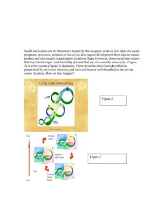 Social innovation can be illuminated in part by this diagram, in those new ideas for social
programs, processes, products or initiatives also require development from idea to mature
product and also require organizations to deliver them. However, those social innovations
that have broad impact and durability demand that we also consider cross scale (Figure
2) or cross system (Figure 3) dynamics. These dynamics have been described as
panarchical by resilience theorists, and have not been as well described in the private
sector literature. How do they happen?




                                                              Figure 2




                                                   Figure 3
 