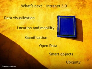 What’s next – Intranet 3.0
Data visualization

Location and mobility
Gamification
Open Data
Smart objects
Ubiquity

 