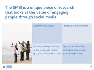 The SMBI is a unique piece of research
that looks at the value of engaging
people through social media

               Social media action          It provides benchmarks




               It looks at the propensity   It provides data that
               of these people to then      brands should use for
               go on to do brand actions    prioritising content




                                                                     4
 