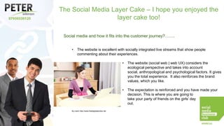 The Social Media Layer Cake – I hope you enjoyed the
layer cake too!
Social media and how it fits into the customer journey?…….
•

The website is excellent with socially integrated live streams that show people
commenting about their experiences.
•

•

By marin http://www.freedigitalphotos.net

The website (social web | web UX) considers the
ecological perspective and takes into account
social, anthropological and psychological factors. It gives
you the total experience. It also reinforces the brand
values, which you like.

The expectation is reinforced and you have made your
decision. This is where you are going to
take your party of friends on the girls’ day
out.

 