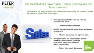 The Social Media Layer Cake – I hope you enjoyed the
layer cake too!
What benefits did Kirsty expect to and realise from transforming her culture to enable
the maximum benefit from social media? ……
•

Innovation across all of the business – this is a
businesses’ life blood!
- Massive strategic advantage.

•

Bringing the customer to the center of cake and service
development.
- Massive cost savings and improved sales.

•

Using data to tune and personalise the external
marketing communications to manage
expectations, align brand values and
delight the customers.
- Return visits, loyalty & advocacy.

 