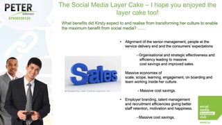 The Social Media Layer Cake – I hope you enjoyed the
layer cake too!
What benefits did Kirsty expect to and realise from transforming her culture to enable
the maximum benefit from social media? ……
•

Alignment of the senior management, people at the
service delivery end and the consumers’ expectations
- Organisational and strategic effectiveness and
efficiency leading to massive
cost savings and improved sales.

•

Massive economies of
scale, scope, learning, engagement, on boarding and
team working inside her culture.
- Massive cost savings.

•

Employer branding, talent management
and recruitment efficiencies giving better
staff retention, motivation and happiness.
- Massive cost savings.

 