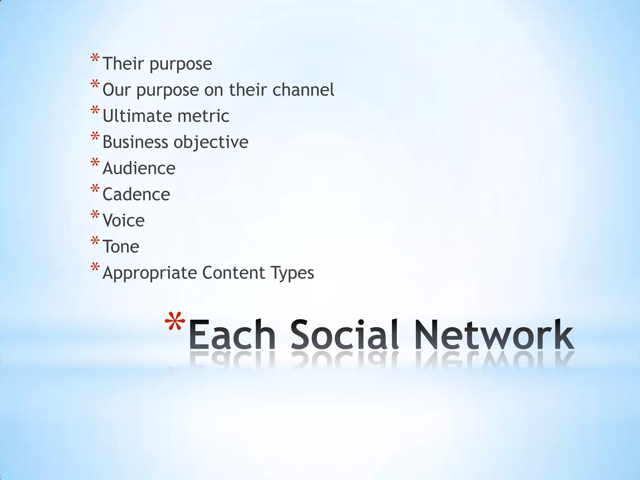 * Their purpose
* Our purpose on their channel
* Ultimate metric
* Business objective
* Audience
* Cadence
* Voice
* Tone
* Appropriate Content Types


        *
 