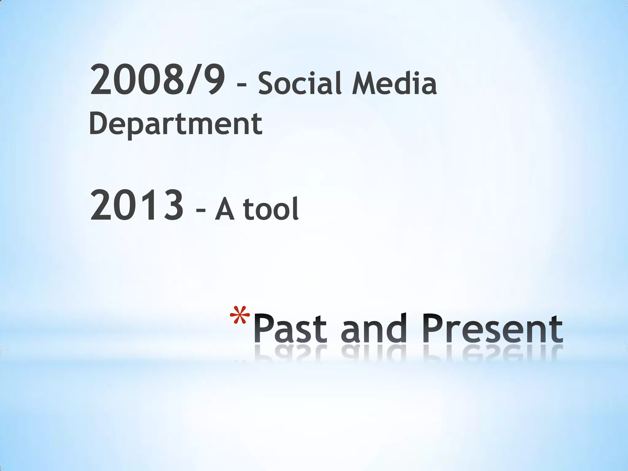 2008/9 – Social Media
Department

2013 – A tool

        *
 