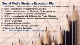 Social Media Strategy Execution Plan
1. Testimonial, Tutorial, or Product Videos on dedicated YouTube Channels
2. Corp. Presentations on SlideShare / LinkedIn
3. Vivid storytelling imagery on Pinterest, Flickr, Instagram
4. Facebook Curation & Customer Conversations
5. Online News Advertorials, Editorial-like Press Releases
6. Strategic Partnerships / Product Placement – Cobranding
7. Online Newsletters
8. Engaging Contests (Wildfire)
9. Webinars to drive Thought Leadership
10. Overarching Online Campaign
– ALL TEAM MEMBERS EXECUTING IN SYNC