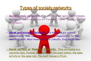 Types of socials networksTypes of socials networks
- Social generic networks. They are the most numerous and known.
Most e...