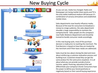 New Buying CycleRepeatAs you can see, media has changed. Radio and Newspaper are losing market share yearly and TV is the only viable traditional medium left because it’s combination of sensory stimulation and established market share. Sales departments now heavily influence media. Because of the ease for consumers to broadcast a review to a large audience, the sales department shoulder a large responsibility to maintain the company brand.  Sales people are the company’s new Public Relations Department and should be trained to handle consumer needs accordingly.In this new buying cycle, most of the purchase decision is made prior to reaching the merchant. The final decision is based on how they are treated by the merchant and if their basic needs are addressed. Sales must be less about closing the deal and more about reinforcing a customer evaluation process and building trust. Customers know they can get the same product for the same price anywhere. It is all about what you can provide outside of price (service, speed, financing, education) that will differentiate your company’s brand. Consumers have the power to define your brand positively or negatively based on their overall buying experience.AwarenessInterestEvaluationChevyFordCommitmentSalesReferral