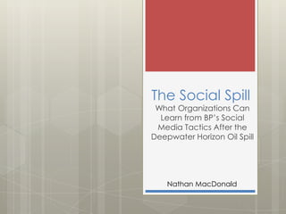 The Social Spill

What Organizations Can
Learn from BP’s Social
Media Tactics After the
Deepwater Horizon Oil Spill

Nathan MacDonald

 