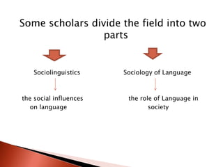 Some scholars divide the field into two
                 parts


    Sociolinguistics    Sociology of Language



the social influences    the role of Language in
   on language                  society
 