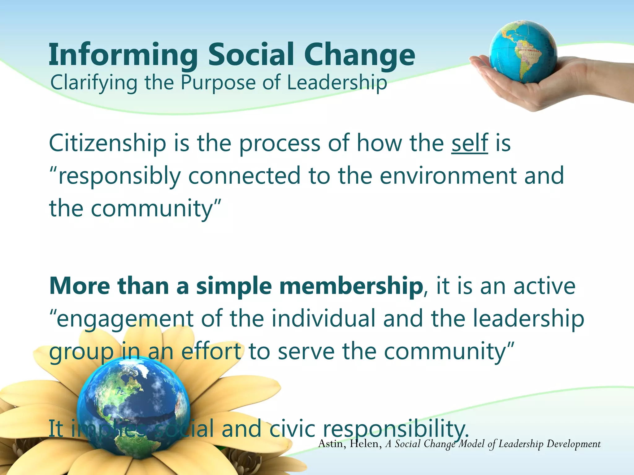 Informing Social Change Citizenship is the process of how the  self  is “responsibly connected to the environment and the community” More than a simple membership , it is an active “engagement of the individual and the leadership group in an effort to serve the community” It implies social and civic responsibility. It is the “value of caring about others” Clarifying the Purpose of Leadership Astin, Helen,  A Social Change Model of Leadership Development 