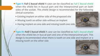 Type II: Full C buccal shield A case can be classified as Full C Buccal shield
when the shield lies in buccal part and the interproximal part on both
sides of the socket. This shield design is recommended for the following
clinical scenarios:
• Existing implant on either side of the proposed site
• Missing tooth on either side without an implant
• Having implant on one side and missing tooth one side.
Type III: Half C buccal shield A case can be classified as half C buccal shield
when the shield lies in buccal part and one of the interproximal part. This
design is recommended when there is tooth on one side and implant or a
missing tooth on the other side
 