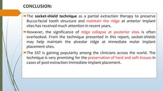 CONCLUSION:
The socket-shield technique as a partial extraction therapy to preserve
Bucco-facial tooth structure and maintain the ridge at anterior implant
sites has received much attention in recent years.
However, the significance of ridge collapse at posterior sites is often
overlooked. From the technique presented in this report, socket-shields
may help maintain the alveolar ridge at immediate molar implant
placement sites.
The SST is gaining popularity among the clinicians across the world. The
technique is very promising for the preservation of hard and soft tissues in
cases of post-extraction immediate implant placement.
 