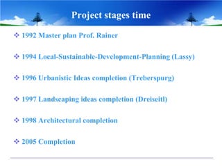 Project stages time
 1992 Master plan Prof. Rainer

 1994 Local-Sustainable-Development-Planning (Lassy)

 1996 Urbanistic Ideas completion (Treberspurg)

 1997 Landscaping ideas completion (Dreiseitl)

 1998 Architectural completion

 2005 Completion
 