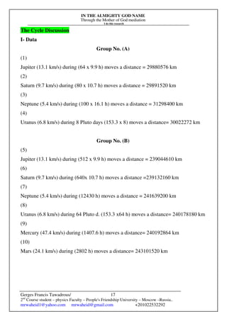 IN THE ALMIGHTY GOD NAME
Through the Mother of God mediation
I do this research
Gerges Francis Tawadrous/
2nd
Course student – physics Faculty – People's Friendship University – Moscow –Russia..
mrwaheid1@yahoo.com mrwaheid@gmail.com +201022532292
17
The Cycle Discussion
I- Data
Group No. (A)
(1)
Jupiter (13.1 km/s) during (64 x 9.9 h) moves a distance = 29880576 km
(2)
Saturn (9.7 km/s) during (80 x 10.7 h) moves a distance = 29891520 km
(3)
Neptune (5.4 km/s) during (100 x 16.1 h) moves a distance = 31298400 km
(4)
Uranus (6.8 km/s) during 8 Pluto days (153.3 x 8) moves a distance= 30022272 km
Group No. (B)
(5)
Jupiter (13.1 km/s) during (512 x 9.9 h) moves a distance = 239044610 km
(6)
Saturn (9.7 km/s) during (640x 10.7 h) moves a distance =239132160 km
(7)
Neptune (5.4 km/s) during (12430 h) moves a distance = 241639200 km
(8)
Uranus (6.8 km/s) during 64 Pluto d. (153.3 x64 h) moves a distance= 240178180 km
(9)
Mercury (47.4 km/s) during (1407.6 h) moves a distance= 240192864 km
(10)
Mars (24.1 km/s) during (2802 h) moves a distance= 243101520 km
 