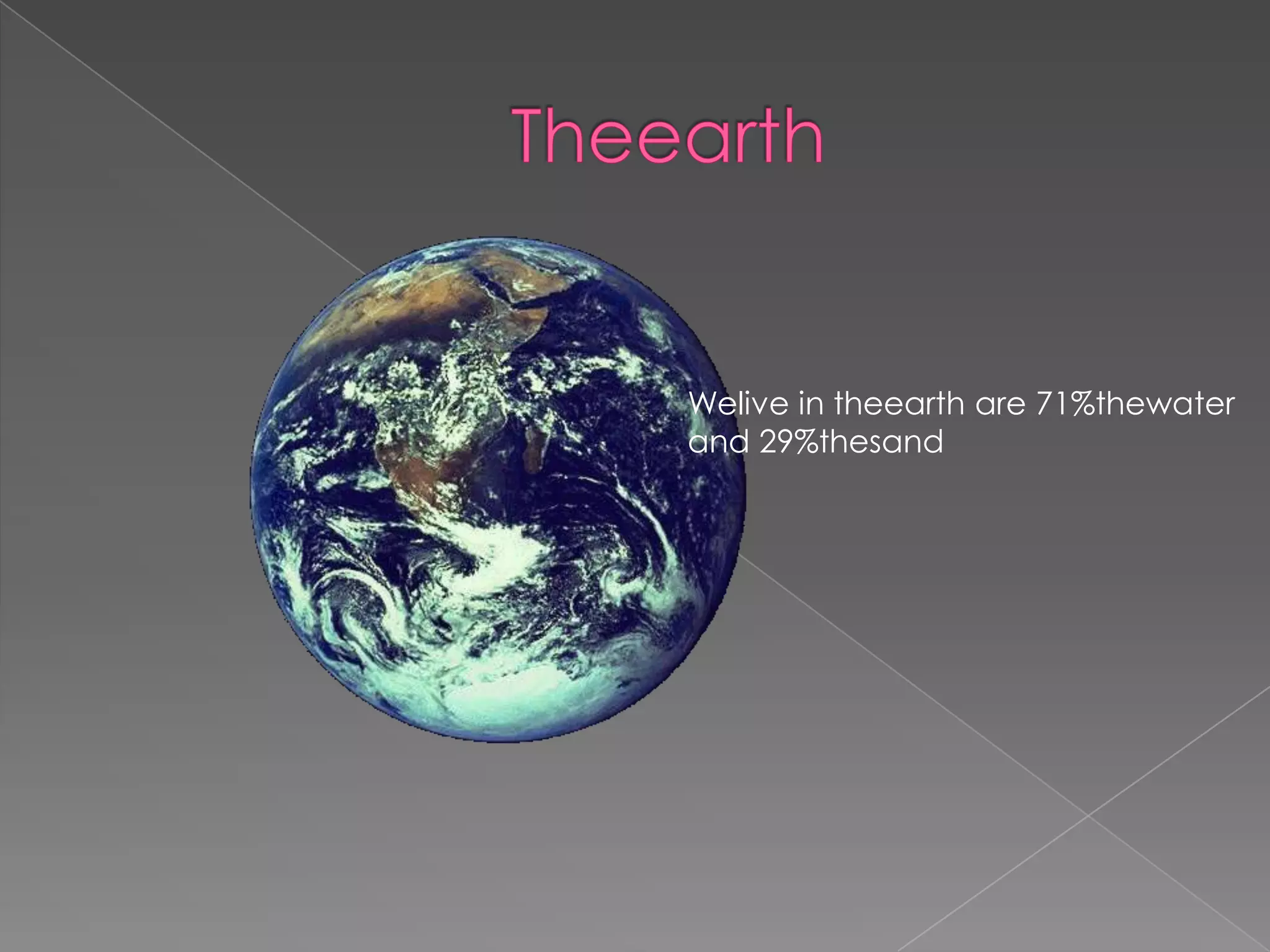 TheearthWelive in theearth are 71%thewater and 29%thesand