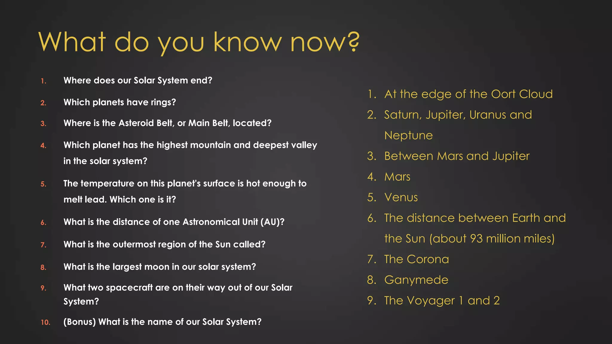 What do you know now?
1. Where does our Solar System end?
2. Which planets have rings?
3. Where is the Asteroid Belt, or Main Belt, located?
4. Which planet has the highest mountain and deepest valley
in the solar system?
5. The temperature on this planet's surface is hot enough to
melt lead. Which one is it?
6. What is the distance of one Astronomical Unit (AU)?
7. What is the outermost region of the Sun called?
8. What is the largest moon in our solar system?
9. What two spacecraft are on their way out of our Solar
System?
10. (Bonus) What is the name of our Solar System?
1. At the edge of the Oort Cloud
2. Saturn, Jupiter, Uranus and
Neptune
3. Between Mars and Jupiter
4. Mars
5. Venus
6. The distance between Earth and
the Sun (about 93 million miles)
7. The Corona
8. Ganymede
9. The Voyager 1 and 2
 