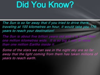 The Sun is so far away that if you tried to drive there,
traveling at 100 kilometres an hour, it would take you 170
years to reach your destination!
The Sun is about five billion years old and it is more than
one million kilometres wide. It is so big it can fit more
than one million Earths inside it.
Some of the stars we can see in the night sky are so far
away that the light coming from them has taken millions of
years to reach earth.
Did You Know?
 