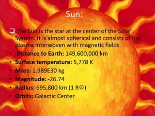 Sun: 
 The Sun is the star at the center of the Solar 
System. It is almost spherical and consists of hot 
plasma interwoven with magnetic fields. 
• Distance to Earth: 149,600,000 km 
• Surface temperature: 5,778 K 
• Mass: 1.989E30 kg 
• Magnitude: -26.74 
• Radius: 695,800 km (1 R☉) 
• Orbits: Galactic Center 
 