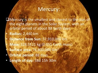 Mercury: 
Mercury is the smallest and closest to the Sun of 
the eight planets in the Solar System, with an 
orbital period of about 88 Earth days 
• Radius: 2,440 km 
• Distance from Sun: 57,910,000 km 
• Mass: 328.5E21 kg (0.055 Earth mass) 
• Surface area: 74,800,000 km² 
• Orbital period: 88 days 
• Length of day: 58d 15h 30m 
 