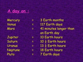 A day on :
Mercury = 3 Earth months
Venus = 117 Earth days
Mars = 41 minutes longer than
an Earth day
Jupiter = 10 Earth hours
Saturn = 10 ½ Earth hours
Uranus = 13 ½ Earth hours
Neptune = 18 Earth hours
Pluto = 7 Earth days
 