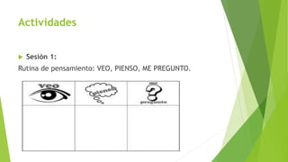 Actividades
 Sesión 1:
Rutina de pensamiento: VEO, PIENSO, ME PREGUNTO.
 