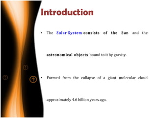 Introduction The  Solar System  consists of the Sun  and the  astronomical objects  bound to it by gravity. Formed from the collapse of a giant molecular cloud approximately 4.6 billion years ago. The  four smaller inner  planets,  Mercury, Venus, Earth  and  Mars,  also called the  terrestrial planets , are primarily composed of rock and metal. The  two largest,  Jupiter and Saturn , are composed mainly of hydrogen and helium. 