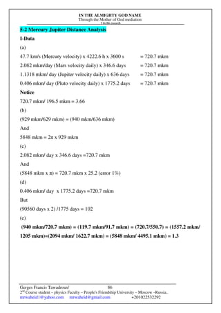 IN THE ALMIGHTY GOD NAME
Through the Mother of God mediation
I do this research
Gerges Francis Tawadrous/
2nd
Course student – physics Faculty – People's Friendship University – Moscow –Russia..
mrwaheid1@yahoo.com mrwaheid@gmail.com +201022532292
86
5-2 Mercury Jupiter Distance Analysis
I-Data
(a)
47.7 km/s (Mercury velocity) x 4222.6 h x 3600 s = 720.7 mkm
2.082 mkm/day (Mars velocity daily) x 346.6 days = 720.7 mkm
1.1318 mkm/ day (Jupiter velocity daily) x 636 days = 720.7 mkm
0.406 mkm/ day (Pluto velocity daily) x 1775.2 days = 720.7 mkm
Notice
720.7 mkm/ 196.5 mkm = 3.66
(b)
(929 mkm/629 mkm) = (940 mkm/636 mkm)
And
5848 mkm = 2π x 929 mkm
(c)
2.082 mkm/ day x 346.6 days =720.7 mkm
And
(5848 mkm x π) = 720.7 mkm x 25.2 (error 1%)
(d)
0.406 mkm/ day x 1775.2 days =720.7 mkm
But
(90560 days x 2) /1775 days = 102
(e)
(940 mkm/720.7 mkm) = (119.7 mkm/91.7 mkm) = (720.7/550.7) = (1557.2 mkm/
1205 mkm)=(2094 mkm/ 1622.7 mkm) = (5848 mkm/ 4495.1 mkm) = 1.3
 