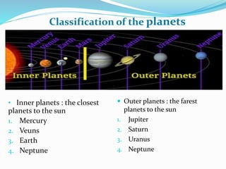 • Inner planets : the closest
planets to the sun
1. Mercury
2. Veuns
3. Earth
4. Neptune
Classification of the planets
 Outer planets : the farest
planets to the sun
1. Jupiter
2. Saturn
3. Uranus
4. Neptune
 