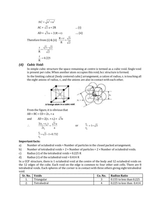22
aaAC 
AC = a2 = 2R … (i)
AD = )rR(2a3  …. (ii)
Therefore from (i) & (ii)
2
3
R
rR


2
23
R
r 

225.0
R
r

(d) Cubic Void:
In simple cubic structure the space remaining at centre is termed as a cubic void. Single void
is present per cube. When another atom occupies this void, bcc structure is formed.
In the limiting cubical (body centered cubic) arrangement, a cation of radius, rc is touching all
the eight anions of radius, ra and the anions are also in contact with each other.
From the figure, it is obvious that
AB = BC = CD = 2ra = a
and AD = 2(rc + ra) = a3

a
a3
r2
)rr(2
a
ac


or 31
r
r
a
c

732.013
r
r
a
c

Important facts:
a) Number of octahedral voids = Number of particles in the closed packed arrangement.
b) Number of tetrahedral voids = 2 × Number of particles = 2 × Number of octahedral voids.
c) Radius (r) of the tetrahedral voids = 0.225 R
d) Radius (r) of the octahedral void = 0.414 R
In a CCP structure, there is 1 octahedral void at the centre of the body and 12 octahedral voids on
the 12 edges of the cube. Each void on the edge is common to four other unit cells. There are 8
tetrahedral voids. Each spheres of the corner is in contact with three others giving eight tetrahedral
void.
Sr. No. Voids Co. No. Radius Ratio
1. Triangular 3 0.155 to less than 0.225
2. Tetrahedral 4 0.225 to less than 0.414
 