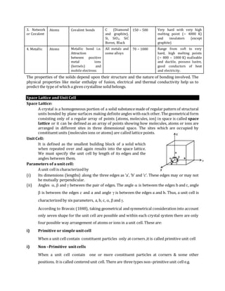 3. Network
or Covalent
Atoms Covalent bonds C (Diamond
and graphite),
Si, SiO2, SiC
Boron, Black
150 – 500 Very hard with very high
melting point (~ 4000 K)
and insulators (except
graphite)
4. Metallic Atoms Metallic bond i.e.
Attraction
between positive
metal ions
(kernels) and
mobile electrons
All metals and
some alloys
70 – 1000 Range from soft to very
hard, high melting points
(~ 800 – 1000 K) malleable
and ductile, possess lustre,
good conductors of heat
and electricity.
The properties of the solids depend upon their structure and the nature of bonding involved. The
physical properties like molar enthalpy of fusion, electrical and thermal conductivity help us to
predict the type of which a given crystalline solid belongs.
Space Lattice and Unit Cell
Space Lattice:
A crystal is a homogeneous portion of a solid substance made of regular pattern of structural
units bonded by plane surfaces making definite angles with each other. The geometrical form
consisting only of a regular array of points (atoms, molecules, ion) in space is called space
lattice or it can be defined as an array of points showing how molecules, atoms or ions are
arranged in different sites in three dimensional space. The sites which are occupied by
constituent units (molecules ions or atoms) are called lattice points.
Unit Cell:
It is defined as the smallest building block of a solid which
when repeated over and again results into the space lattice.
We must specify the unit cell by length of its edges and the
angles between them.
Parameters of a unit cell:
A unit cell is characterized by
(i) Its dimensions (lengths) along the three edges as ‘a’, ‘b’ and ‘c’. These edges may or may not
be mutually perpendicular.
(ii) Angles ,  and  between the pair of edges. The angle  is between the edges b and c, angle
 is between the edges c and a and angle  is between the edges a and b. Thus, a unit cell is
characterized by six parameters, a, b, c, ,  and .
According to Bravais (1848), taking geometrical and symmetrical consideration into account
only seven shape for the unit cell are possible and within each crystal system there are only
four possible way arrangement of atoms or ions in a unit cell. These are:
i) Primitive or simple unit cell
When a unit cell contain constituent particles only at corners ,it is called primitive unit cell
i) Non –Primitive unit cells
When a unit cell contain one or more constituent particles at corners & some other
positions. It is called centered unit cell. There are three types non–primitive unit cell e.g.
 