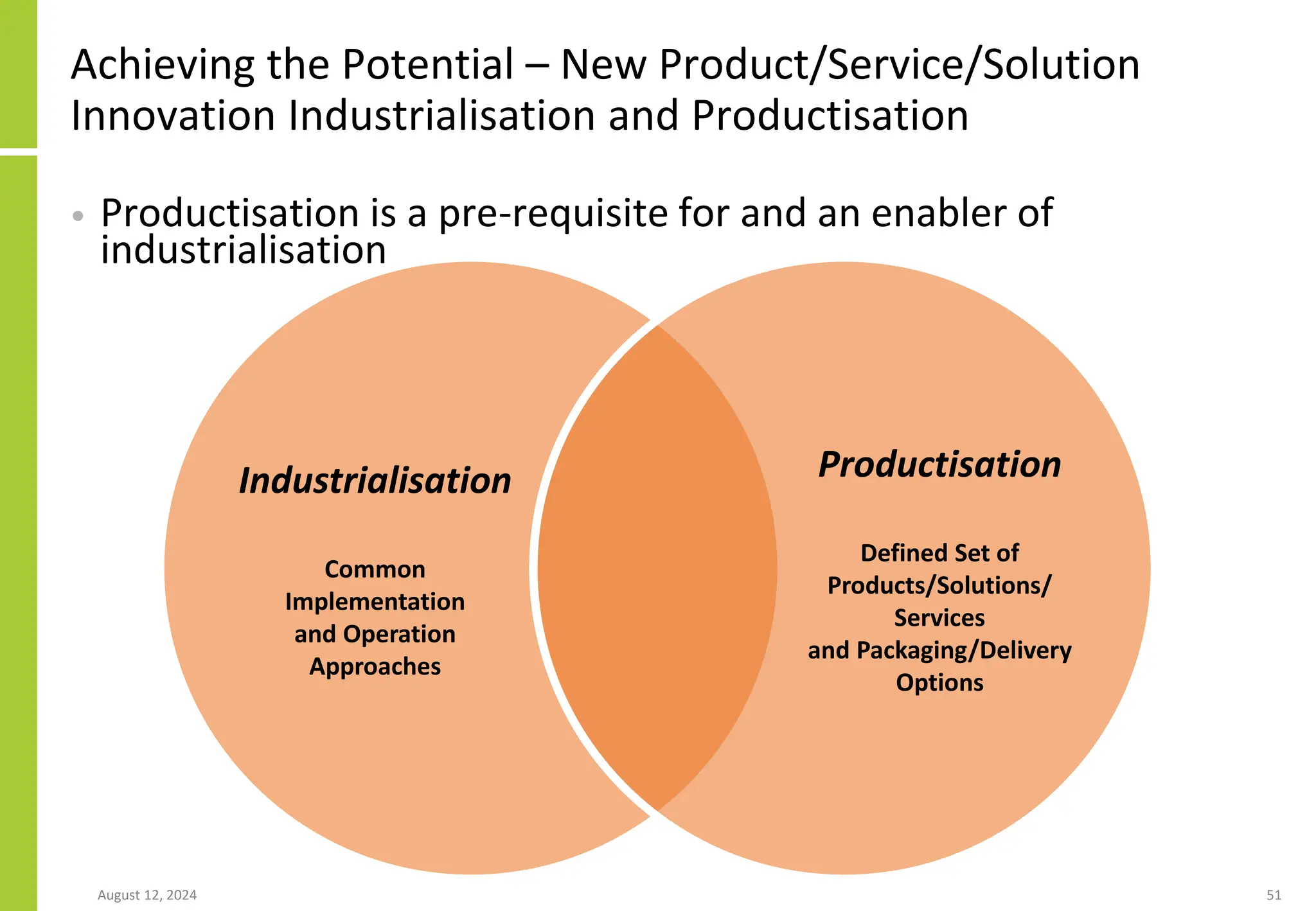 August 12, 2024 51
Achieving the Potential – New Product/Service/Solution
Innovation Industrialisation and Productisation
Industrialisation
Common
Implementation
and Operation
Approaches
Productisation
Defined Set of
Products/Solutions/
Services
and Packaging/Delivery
Options
• Productisation is a pre-requisite for and an enabler of
industrialisation
 