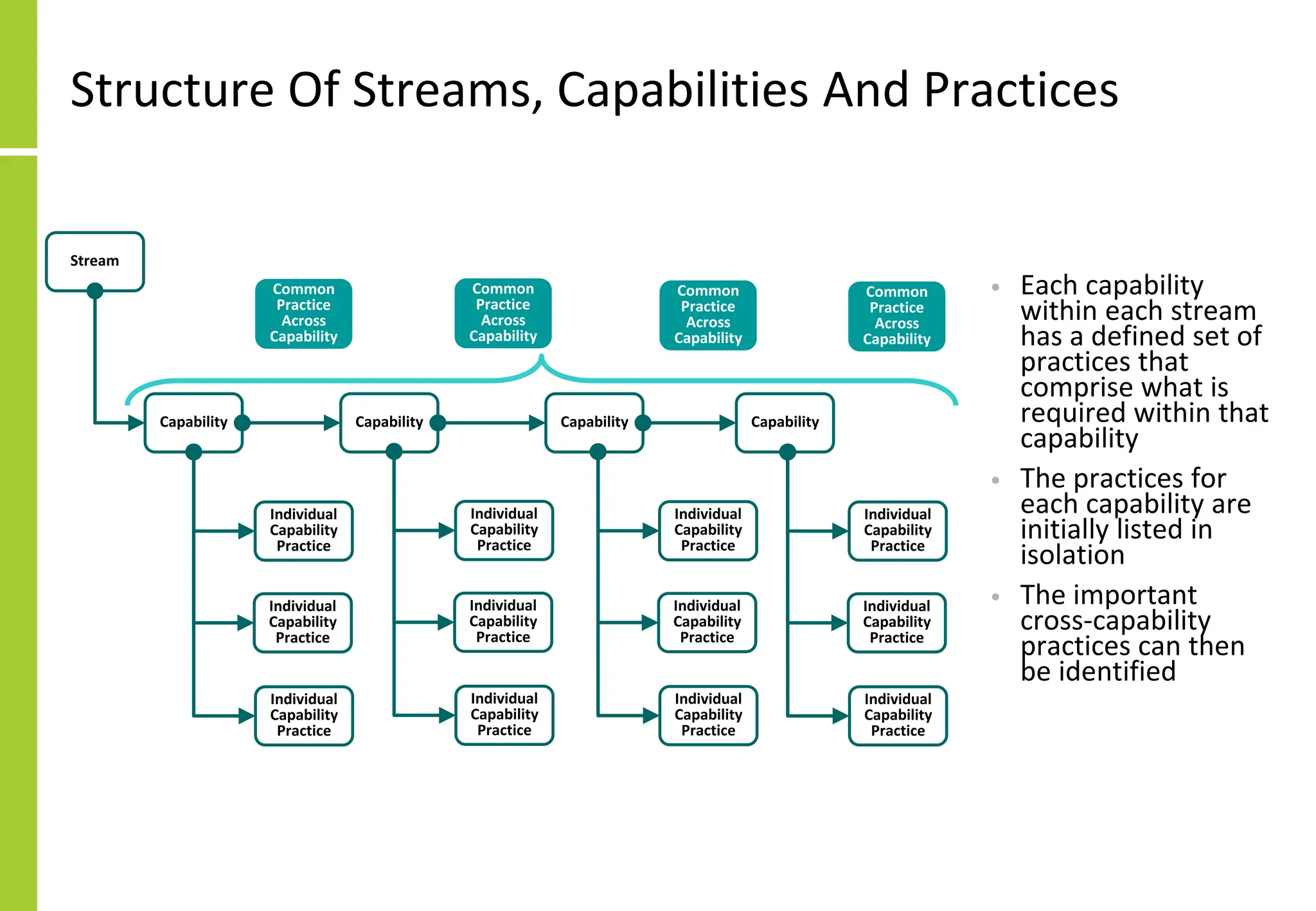 Structure Of Streams, Capabilities And Practices
• Each capability
within each stream
has a defined set of
practices that
comprise what is
required within that
capability
• The practices for
each capability are
initially listed in
isolation
• The important
cross-capability
practices can then
be identified
Stream
Capability Capability Capability Capability
Individual
Capability
Practice
Individual
Capability
Practice
Individual
Capability
Practice
Individual
Capability
Practice
Individual
Capability
Practice
Individual
Capability
Practice
Individual
Capability
Practice
Individual
Capability
Practice
Individual
Capability
Practice
Individual
Capability
Practice
Individual
Capability
Practice
Individual
Capability
Practice
Common
Practice
Across
Capability
Common
Practice
Across
Capability
Common
Practice
Across
Capability
Common
Practice
Across
Capability
 
