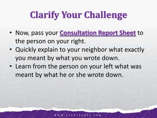 Clarify Your Challenge
• Now, pass your Consultation Report Sheet to
the person on your right.
• Quickly explain to your neighbor what exactly
you meant by what you wrote down.
• Learn from the person on your left what was
meant by what he or she wrote down.
 