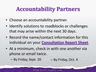 Accountability Partners
• Choose an accountability partner.
• Identify solutions to roadblocks or challenges
that may arise within the next 30 days.
• Record the name/contact information for this
individual on your Consultation Report Sheet.
• At a minimum, check in with one another via
phone or email twice.
– By Friday, Sept. 20 – By Friday, Oct. 4
 