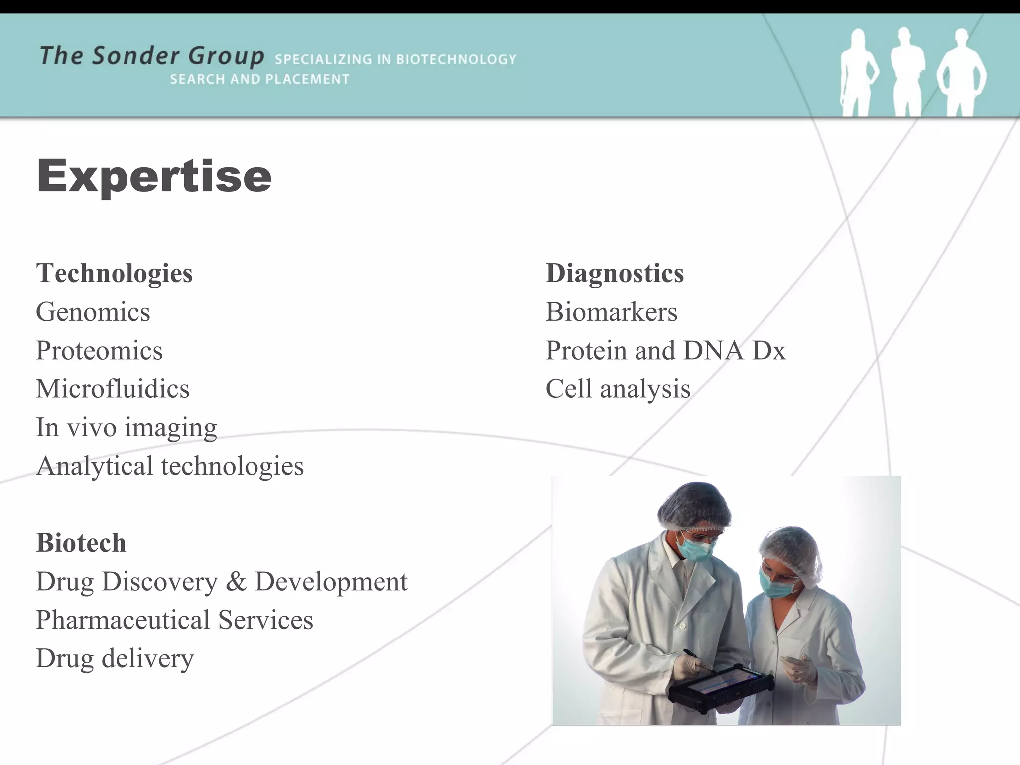 Expertise

Technologies                   Diagnostics
Genomics                       Biomarkers
Proteomics                     Protein and DNA Dx
Microfluidics                  Cell analysis
In vivo imaging
Analytical technologies

Biotech
Drug Discovery & Development
Pharmaceutical Services
Drug delivery
 