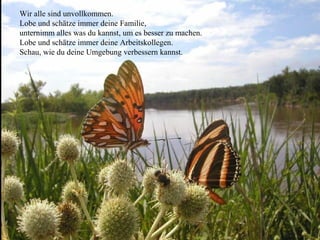 Wir alle sind unvollkommen.
Lobe und schätze immer deine Familie,
unternimm alles was du kannst, um es besser zu machen.
Lobe und schätze immer deine Arbeitskollegen.
Schau, wie du deine Umgebung verbessern kannst.
 